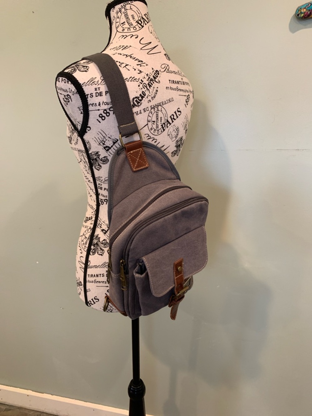 Triple Tree Gray-Brown Canvas Crossbody Sling Bag with Adjustable Strap